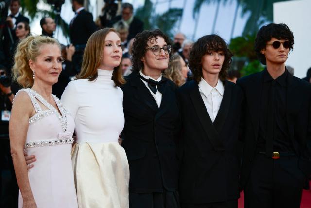(From L) US actress Gillian Anderson, US actress Hannah Einbinder, US director and screenwriter Jane Schoenbrun, US actor Jack Haven and British actor Arthur Conti arrive for the screening of the film "Teenage Sex and Death at Camp Miasma" at the 79th edition of the Cannes Film Festival in Cannes, southern France on May 13, 2026. (Photo by Olivier CHASSIGNOLE / AFP)