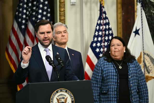US Vice President JD Vance speaks during a press conference on anti-fraud initiatives at the Eisenhower Executive Office building on the White House campus in Washington, DC, on May 13, 2026. Also pictured, Medicare and Medicaid Administrator Mehmet Oz (C). (Photo by Kent NISHIMURA / AFP)