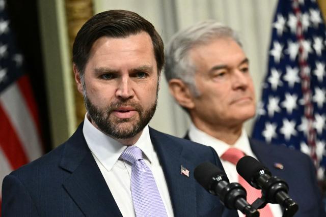 (L/R) US Vice President JD Vance speaks alongside Administrator for the Centers for Medicare and Medicaid Services Mehmet Oz during a press conference on anti-fraud initiatives at the Eisenhower Executive Office building on the White House campus in Washington, DC, on May 13, 2026. (Photo by Kent NISHIMURA / AFP)