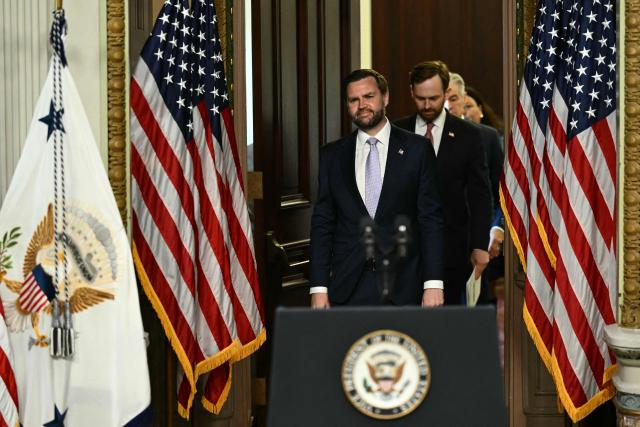US Vice President JD Vance arrives to speak during a press conference on anti-fraud initiatives at the Eisenhower Executive Office building on the White House campus in Washington, DC, on May 13, 2026. (Photo by Kent NISHIMURA / AFP)