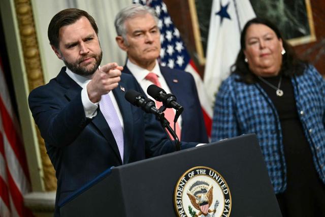 (L/R) US Vice President JD Vance speaks alongside Administrator for the Centers for Medicare and Medicaid Services Mehmet Oz and CMS Deputy Administrator Kim Brandt during a press conference on anti-fraud initiatives at the Eisenhower Executive Office building on the White House campus in Washington, DC, on May 13, 2026. (Photo by Kent NISHIMURA / AFP)