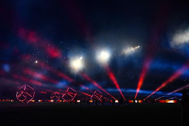 A show and fireworks display takes place prior to the Italian Cup (Coppa Italia) final football match between Lazio Rome and Inter Milan at the Olympic stadium in Rome on May 13, 2026. (Photo by Isabella BONOTTO / AFP)