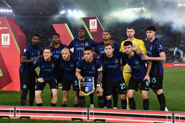 Inter's players pose for a team photo prior to the Italian Cup (Coppa Italia) final football match between Lazio Rome and Inter Milan at the Olympic stadium in Rome on May 13, 2026. (Photo by Isabella BONOTTO / AFP)
