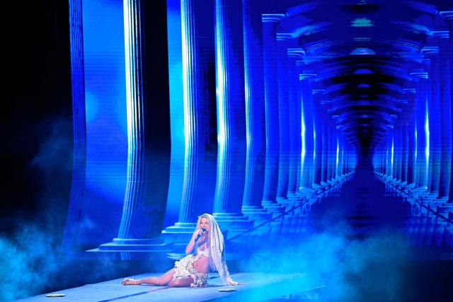 Cypriot singer Antigoni Buxton, aka Antigoni and representing Cyprus with the song 'Jalla', performs during a dress rehearsal for the second semi-final of the Eurovision Song Contest 2026 (ESC) at Wiener Stadthalle in Vienna, Austria on May 13, 2026. (Photo by Tobias SCHWARZ / AFP)