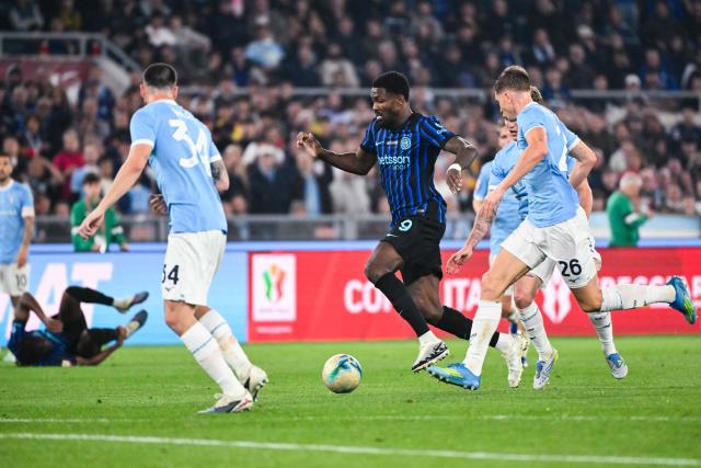 Inter Milan's French forward #09 Marcus Thuram controls the ball during the Italian Cup (Coppa Italia) final football match between Lazio Rome and Inter Milan at the Olympic stadium in Rome on May 13, 2026. (Photo by Alberto PIZZOLI / AFP)