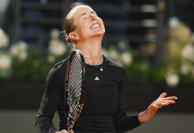 Ukraine's Elina Svitolina celebrates after winning against Kazakhstan's Elena Rybakina during the ATP Rome Open tennis tournament at Foro Italico in Rome on May 13, 2026. (Photo by Tiziana FABI / AFP)