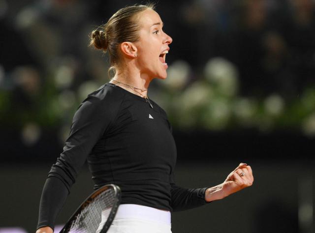 Ukraine's Elina Svitolina celebrates after winning against Kazakhstan's Elena Rybakina during the ATP Rome Open tennis tournament at Foro Italico in Rome on May 13, 2026. (Photo by Tiziana FABI / AFP)