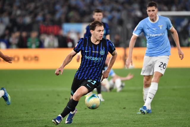 Inter Milan's Italian midfielder #23 Nicolo Barella controls the ball during the Italian Cup (Coppa Italia) final football match between Lazio Rome and Inter Milan at the Olympic stadium in Rome on May 13, 2026. (Photo by Isabella BONOTTO / AFP)