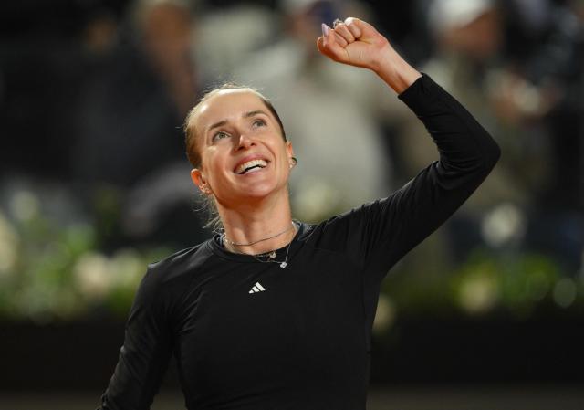 Ukraine's Elina Svitolina celebrates after winning against Kazakhstan's Elena Rybakina during the ATP Rome Open tennis tournament at Foro Italico in Rome on May 13, 2026. (Photo by Tiziana FABI / AFP)