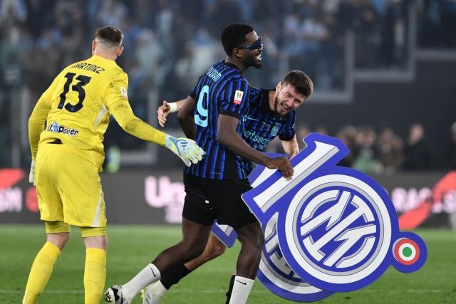 Inter Milan's French forward #09 Marcus Thuram (C), Inter Milan's Spanish goalkeeper #13 Josep Martinez (L) and Inter Milan's Croatian midfielder #08 Petar Sucic celebrate after winning the Italian Cup (Coppa Italia) final football match between Lazio Rome and Inter Milan at the Olympic stadium in Rome on May 13, 2026. (Photo by Isabella BONOTTO / AFP)