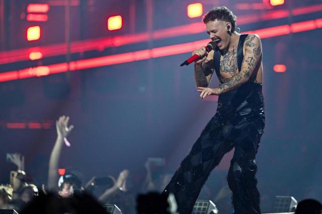 Norwegian singer Jonas Lovv, representing Norway with the song 'Ya Ya Ya', performs during a dress rehearsal for the second semi-final of the Eurovision Song Contest 2026 (ESC) at Wiener Stadthalle in Vienna, Austria on May 13, 2026. (Photo by HELMUT FOHRINGER / APA / AFP) / Austria OUT