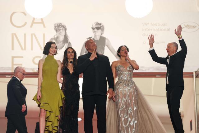 (From L) US model and actress Meadow Rain Walker, US actress Jordana Brewster, US actor Vin Diesel, US actress Michelle Rodriguez and US producer Neal Moritz arrive for the screening of the film "The Fast and the Furious" at the 79th edition of the Cannes Film Festival in Cannes, southern France on May 13, 2026. (Photo by Thibaud MORITZ / AFP)