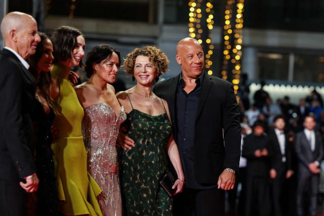 (From L) US producer Neal Moritz, US actress Jordana Brewster, US model and actress Meadow Rain Walker, US actress Michelle Rodriguez, US Media executive Donna Langley and US actor Vin Diesel arrive for the screening of the film "The Fast and the Furious" at the 79th edition of the Cannes Film Festival in Cannes, southern France on May 13, 2026. (Photo by Thibaud MORITZ / AFP)