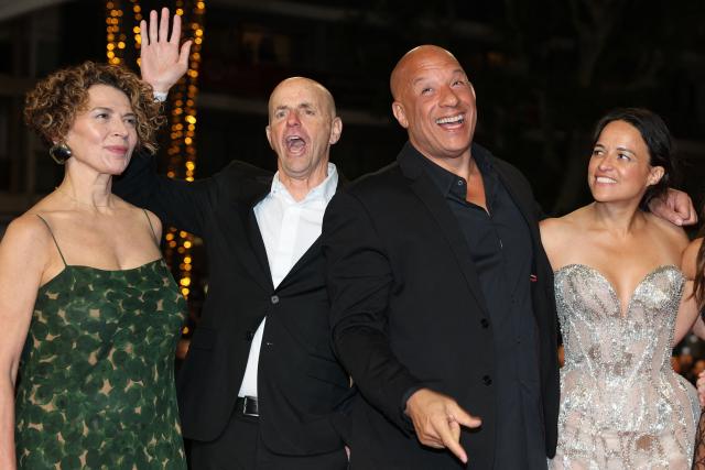 (From L) US Media executive Donna Langley, US producer Neal Moritz, US actor Vin Diesel, US actress Michelle Rodriguez arrive for the screening of the film "The Fast and the Furious" at the 79th edition of the Cannes Film Festival in Cannes, southern France on May 13, 2026. (Photo by Thibaud MORITZ / AFP)