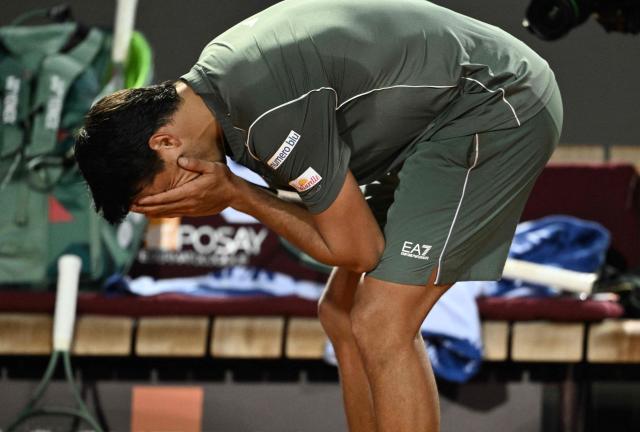 Italy's Luciano Darderi celebrates after winning against Spain's Rafael Jodar during the ATP Rome Open tennis tournament at Foro Italico in Rome on May 14, 2026. (Photo by Tiziana FABI / AFP)