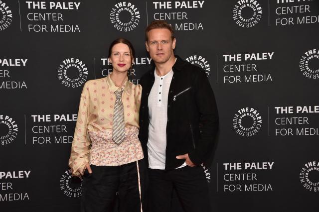 Irish actress Caitriona Balfe and Scottish actor Sam Heughan attend The Paley Center for Media's "Outlander: A Celebration" at the Dolby Theatre in Los Angeles on May 13, 2026. (Photo by Chris Delmas / AFP)