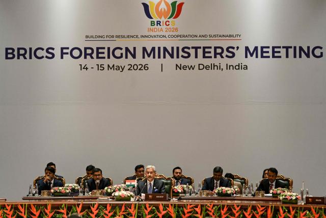 India's Foreign Minister Subrahmanyam Jaishankar (C) addresses the BRICS Foreign Ministers’ Meeting at the Bharat Mandapam in New Delhi on May 14, 2026. (Photo by Arun SANKAR / AFP)