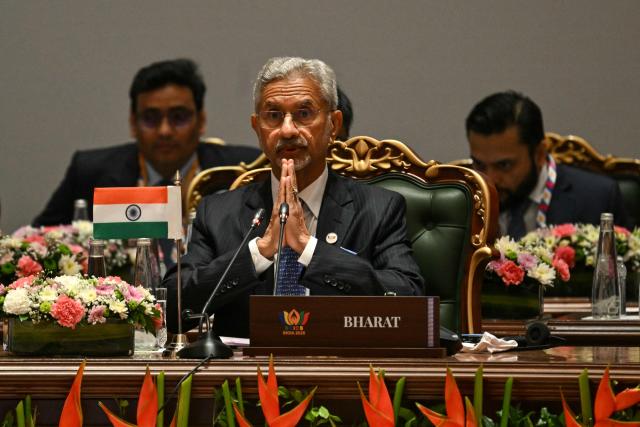 India's Foreign Minister Subrahmanyam Jaishankar addresses the BRICS Foreign Ministers’ Meeting at the Bharat Mandapam in New Delhi on May 14, 2026. (Photo by Arun SANKAR / AFP)