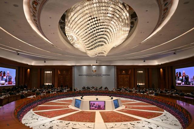 India's Foreign Minister Subrahmanyam Jaishankar addresses the BRICS Foreign Ministers’ Meeting at the Bharat Mandapam in New Delhi on May 14, 2026. (Photo by Arun SANKAR / AFP)