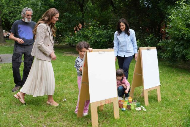 Britain's Catherine, Princess of Wales, visits the Salvador Allende preschool to observe how nature-based learning is embedded within the Reggio Emilia approach, part of a two-day trip, in Reggio Emilia, Italy, on May 14, 2026. (Photo by Antonio Calanni / POOL / AFP)