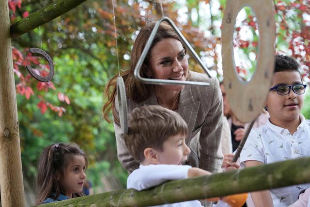 Britain's Catherine, Princess of Wales, meets with children as she visits the Salvador Allende preschool to observe how nature-based learning is embedded within the Reggio Emilia approach, part of a two-day trip, in Reggio Emilia, Italy, on May 14, 2026. (Photo by Antonio Calanni / POOL / AFP)