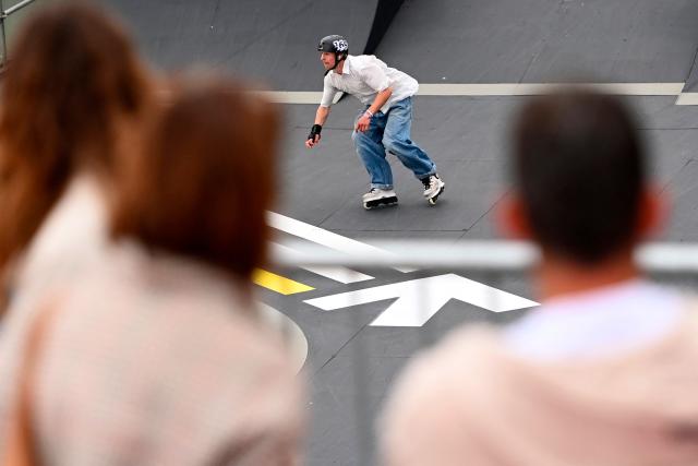 A skater performs Freestyle Park roller skating during a training session at the FISE (Extreme Sports International Festival) in Montpellier, southern of France, on May 14, 2026. (Photo by Sylvain THOMAS / AFP)