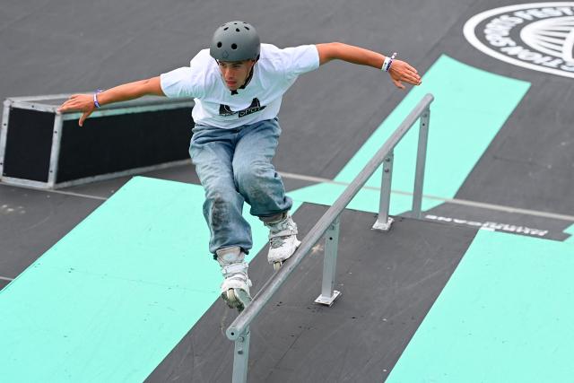A skater performs Freestyle Park roller skating during a training session at the FISE (Extreme Sports International Festival) in Montpellier, southern of France, on May 14, 2026. (Photo by Sylvain THOMAS / AFP)
