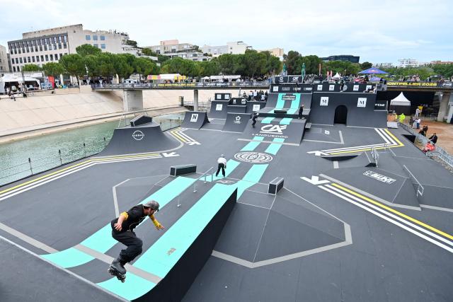 A skater performs Freestyle Park roller skating during a training session at the FISE (Extreme Sports International Festival) in Montpellier, southern of France, on May 14, 2026. (Photo by Sylvain THOMAS / AFP)