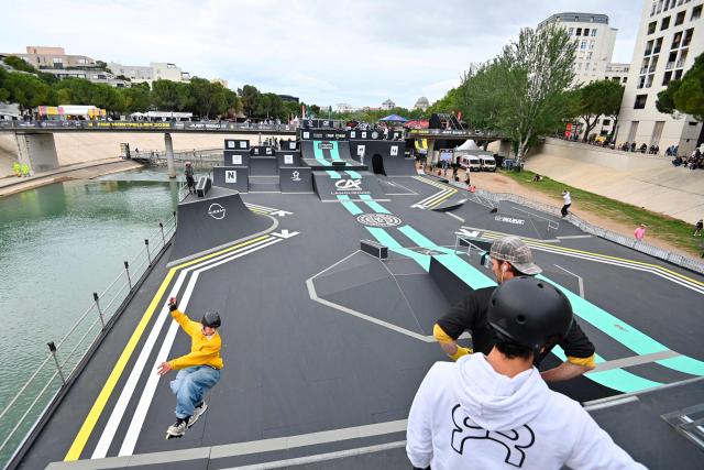 A skater performs Freestyle Park roller skating during a training session at the FISE (Extreme Sports International Festival) in Montpellier, southern of France, on May 14, 2026. (Photo by Sylvain THOMAS / AFP)