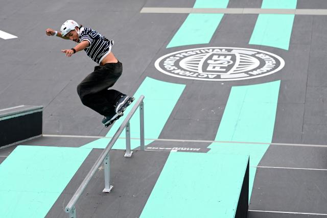 A skater performs Freestyle Park roller skating during a training session at the FISE (Extreme Sports International Festival) in Montpellier, southern of France, on May 14, 2026. (Photo by Sylvain THOMAS / AFP)