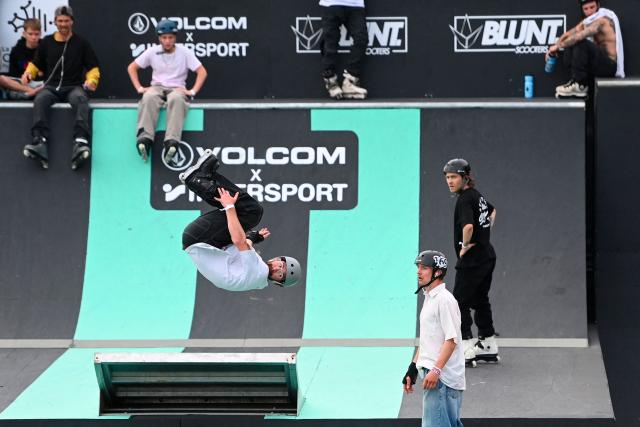 A skater performs Freestyle Park roller skating during a training session at the FISE (Extreme Sports International Festival) in Montpellier, southern of France, on May 14, 2026. (Photo by Sylvain THOMAS / AFP)