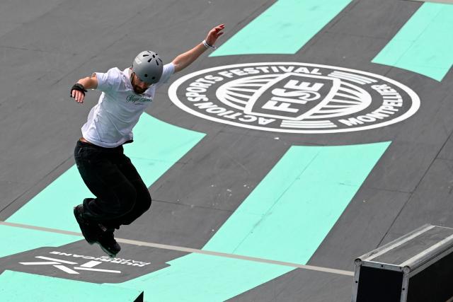 A skater performs Freestyle Park roller skating during a training session at the FISE (Extreme Sports International Festival) in Montpellier, southern of France, on May 14, 2026. (Photo by Sylvain THOMAS / AFP)