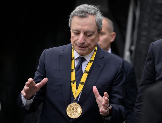 The former President of the European Central Bank (ECB) and former Italian Prime Minister Mario Draghi is pictured after he was awarded the 2026 International Charlemagne Prize of Aachen, on May 14, 2026 in Aachen, western Germany. (Photo by Sascha Schuermann / AFP)
