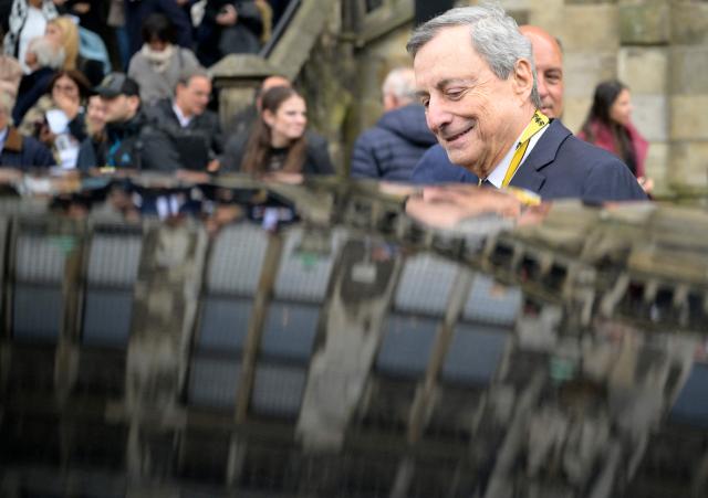 The former President of the European Central Bank (ECB) and former Italian Prime Minister Mario Draghi leaves after he was awarded the 2026 International Charlemagne Prize of Aachen, on May 14, 2026 in Aachen, western Germany. (Photo by Sascha Schuermann / AFP)