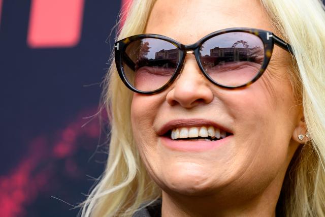 Finnish singer Linda Lampenius, representing Finland with the song 'Liekinheitin' gives an interview on the sidelines of the Eurovision Song Contest 2026 (ESC) in Vienna, Austria on May 14, 2026, before the second semi-final of the contest. (Photo by MAX SLOVENCIK / APA / AFP) / Austria OUT