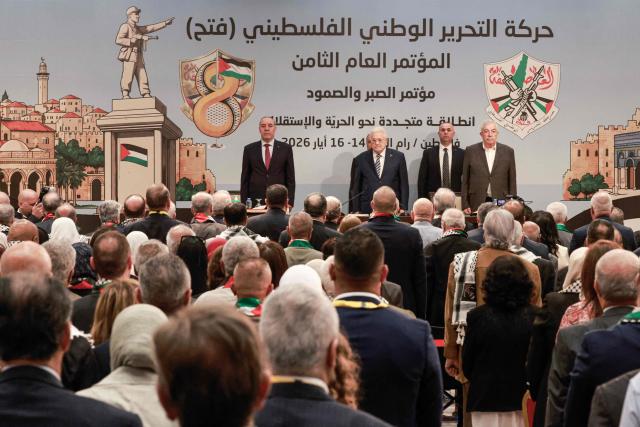 Palestinian president Mahmud Abbas (2nd L) chairs the eighth Fatah Conference in the Israeli-occupied West Bank city of Ramallah on May 14, 2026. Abbas on May 14 pledged to press ahead with reforms within the Palestinian Authority, saying he was prepared to hold long-delayed presidential and parliamentary elections, during an address to his party congress. (Photo by Jaafar ASHTIYEH / AFP)