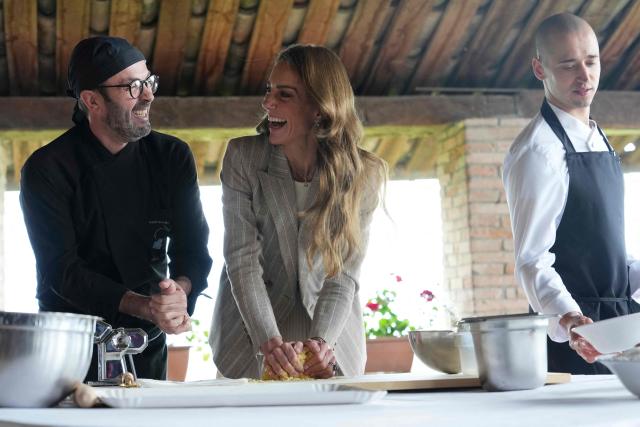 Britain's Kate, Princess of Wales prepares tortelli during her visit to the rural resort ‘Al Vigneto’, part of a two-day trip, in Reggio Emilia, on May 14, 2026. (Photo by Antonio Calanni / POOL / AFP)