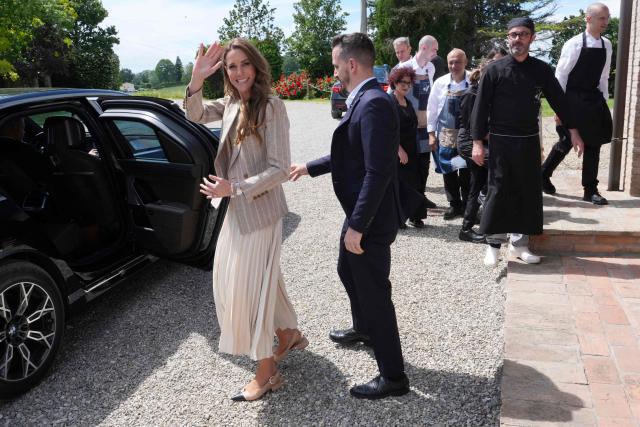 Britain's Kate, Princess of Wales leaves after her visit to the rural resort ‘Al Vigneto’, part of a two-day trip, in Reggio Emilia, on May 14, 2026. (Photo by Antonio Calanni / POOL / AFP)