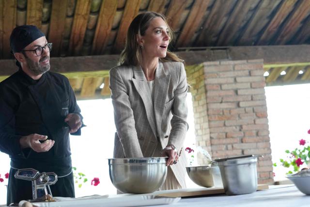Britain's Kate, Princess of Wales prepares tortelli during her visit to the rural resort ‘Al Vigneto’, part of a two-day trip, in Reggio Emilia, on May 14, 2026. (Photo by Antonio Calanni / POOL / AFP)