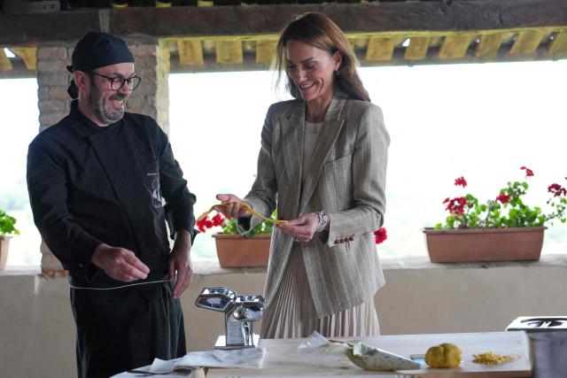 Britain's Kate, Princess of Wales prepares tortelli during her visit to the rural resort ‘Al Vigneto’, part of a two-day trip, in Reggio Emilia, on May 14, 2026. (Photo by Antonio Calanni / POOL / AFP)