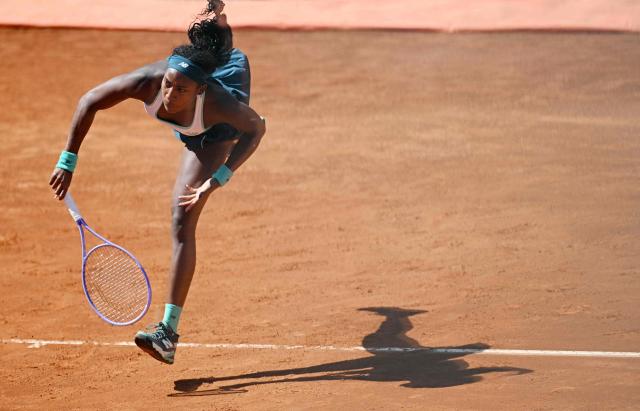 USA's Coco Gauff serves to Romania's Sorana Cirstea during the ATP Rome Open tennis tournament at Foro Italico in Rome on May 14, 2026. (Photo by Tiziana FABI / AFP)