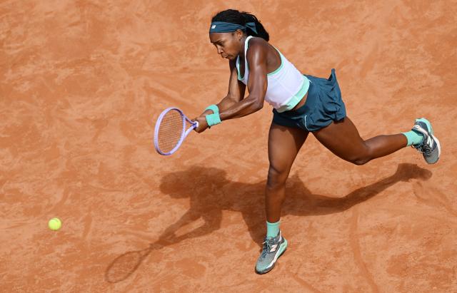 USA's Coco Gauff hits a return to Romania's Sorana Cirstea during the ATP Rome Open tennis tournament at Foro Italico in Rome on May 14, 2026. (Photo by Tiziana FABI / AFP)