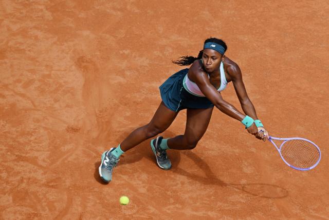 USA's Coco Gauff hits a return to Romania's Sorana Cirstea during the ATP Rome Open tennis tournament at Foro Italico in Rome on May 14, 2026. (Photo by Tiziana FABI / AFP)