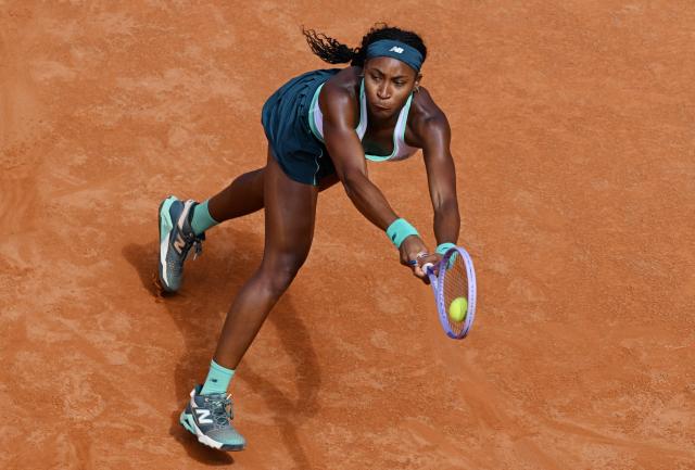 USA's Coco Gauff hits a return to Romania's Sorana Cirstea during the ATP Rome Open tennis tournament at Foro Italico in Rome on May 14, 2026. (Photo by Tiziana FABI / AFP)
