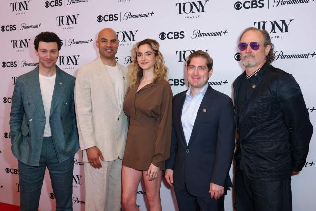 Cast members of "Chess," including (L/R) US actor/singer Bryce Pinkham, US actor/singer Nicholas Christopher, and US actress/singer Hannah Cruz, arrive for the 79th Annual Tony Awards "Meet the Nominees" event in New York City on May 14, 2026. (Photo by ANGELA WEISS / AFP)