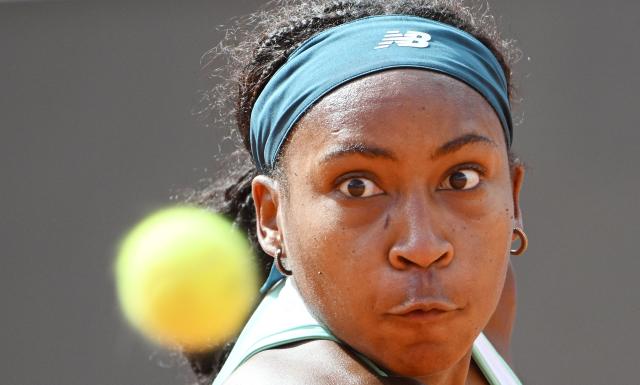 USA's Coco Gauff eyes the ball before hitting a return against Romania's Sorana Cirstea during the ATP Rome Open tennis tournament at Foro Italico in Rome on May 14, 2026. (Photo by Tiziana FABI / AFP)