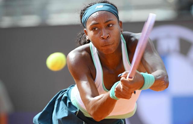 USA's Coco Gauff hits a return to Romania's Sorana Cirstea during the ATP Rome Open tennis tournament at Foro Italico in Rome on May 14, 2026. (Photo by Tiziana FABI / AFP)
