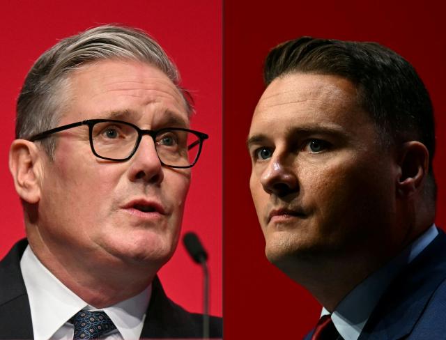 (COMBO) This combination of pictures created on May 14, 2026 shows
(FILES) Britain's Prime Minister Keir Starmer delivers his keynote address to delegates on the third day of the annual Labour Party conference in Liverpool, north-west England, on September 30, 2025.
(FILES) Britain's Health Secretary Wes Streeting delivers a speech on the third day of the annual Labour Party conference in Liverpool, north-west England, on September 30, 2025.. Wes Streeting announced May 14, 2026, that he has resigned as Britain's health minister, paving the way for a potential leadership challenge against embattled Prime Minister Keir Starmer. (Photo by Oli SCARFF and Paul ELLIS / AFP)