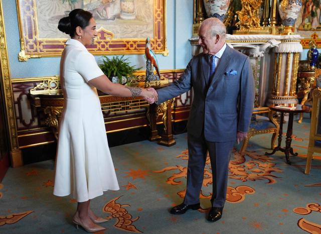 Britain's King Charles III greets Maori queen, Te Arikinui Kuini Nga wai hono i te po, during an audience at Buckingham Palace in London on May 14, 2026. (Photo by Aaron Chown / POOL / AFP)