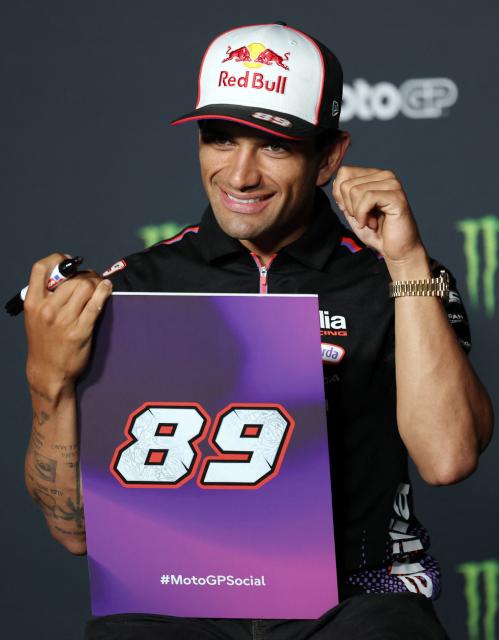 Team Aprilia Racing's Jorge Martin attends a press conference at the Catalunya racetrack in Montmelo, near Barcelona, on May 14, 2026, ahead of the Catalunya Moto GP Grand Prix. (Photo by Lluis GENE / AFP)